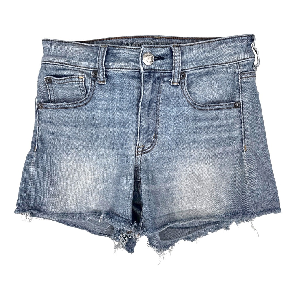 American Eagle Outfitters Hi Rise Shortie Denim Jean Shorts Women Size 2 Raw Hem